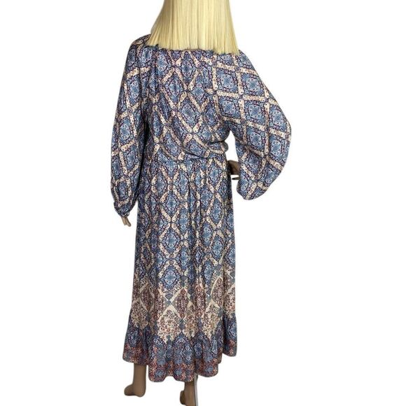 Stetson long dress M blue Tan beige pattern V neck lightweight summer spring - Picture 4 of 8